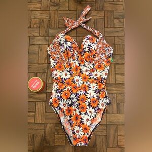 Figleaves floral halter one piece swim suit bathing 32 F orange underwire new